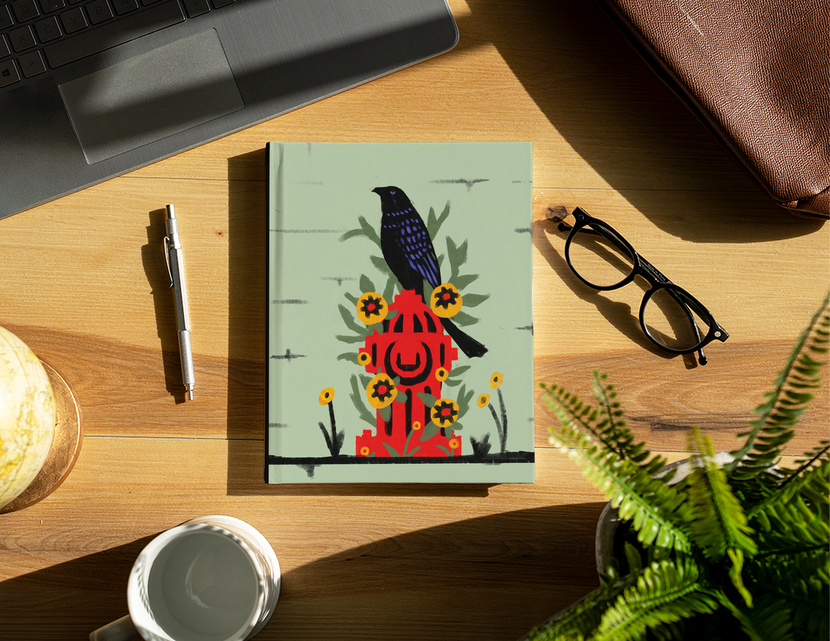 Bird On Hydrant Hardcover Notebook - Mixed Media